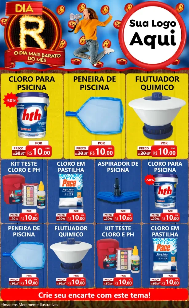 Modelo de Encarte para Encarte Grande com o tema Dia R - O Dia Mais Barato Do Mês para Produtos para Piscina