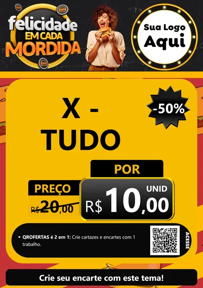 Modelo de Cartaz para Cartaz A4 Vertical com o tema Felicidade Em Cada Mordida para Hamburgueria
