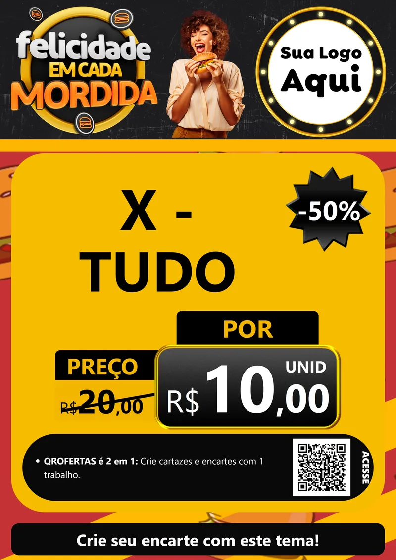 Modelo de Cartaz para Cartaz A4 Vertical com o tema Felicidade Em Cada Mordida para Hamburgueria