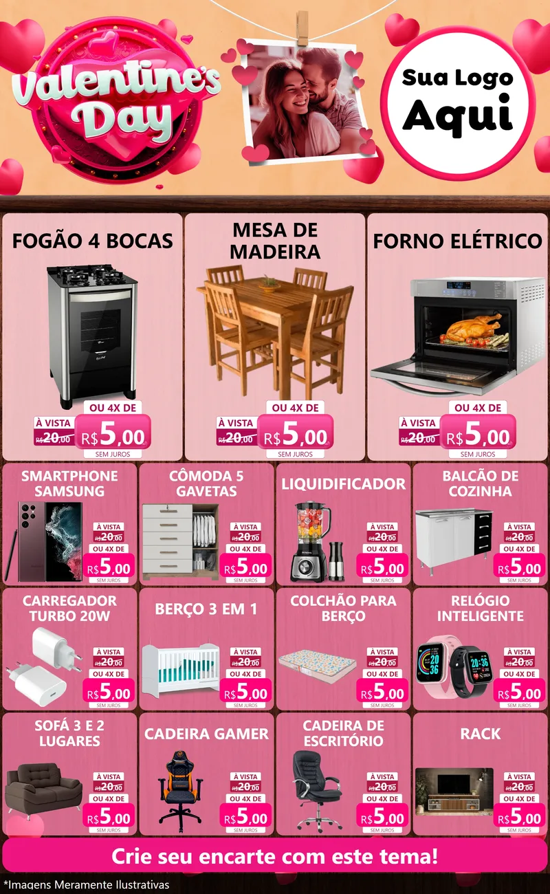 Modelo de Encarte para Encarte Grande com o tema Valentine's Day para Móveis e Eletro
