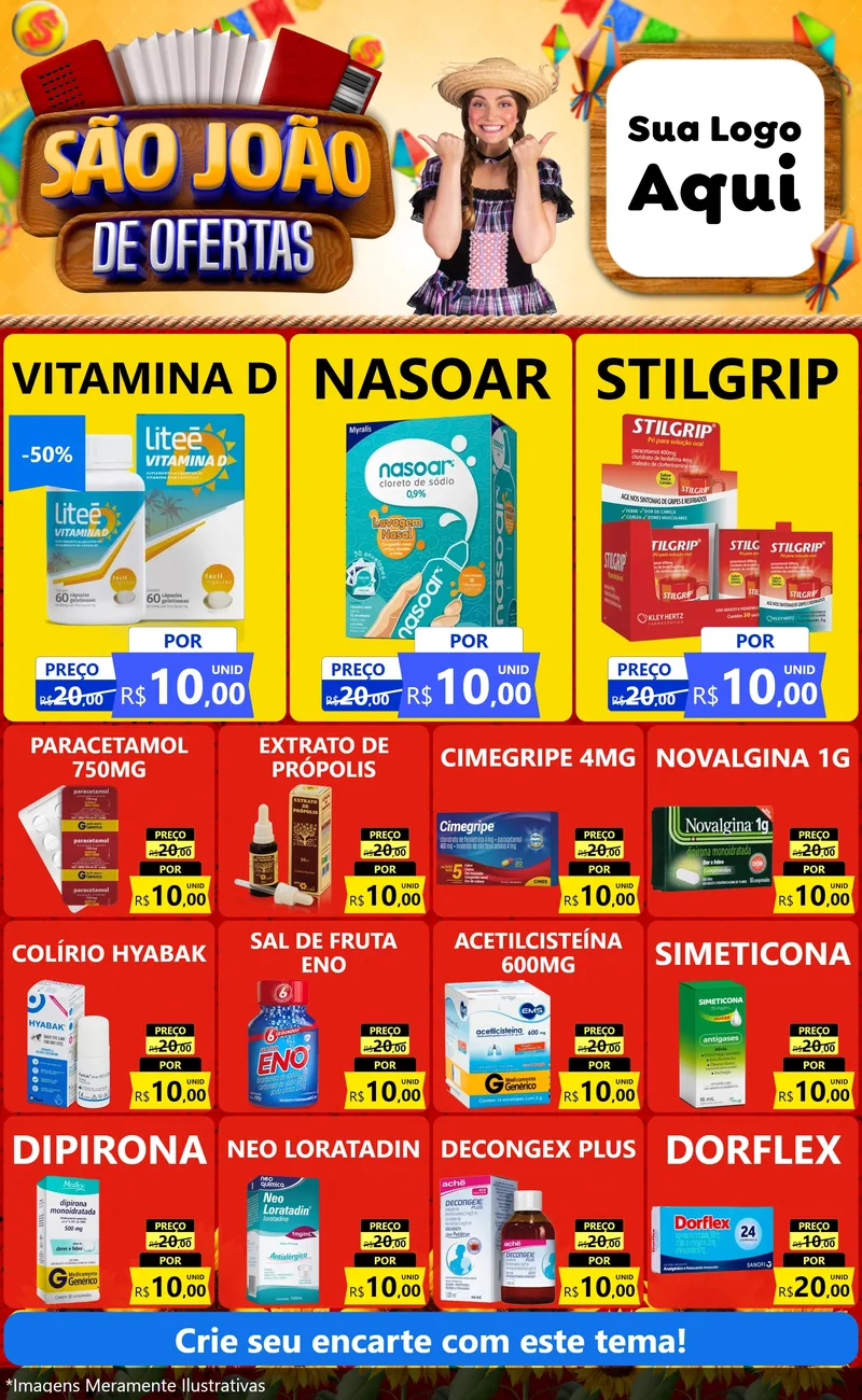 Modelo de Encarte para Encarte Grande com o tema São João de Ofertas para Farmácia