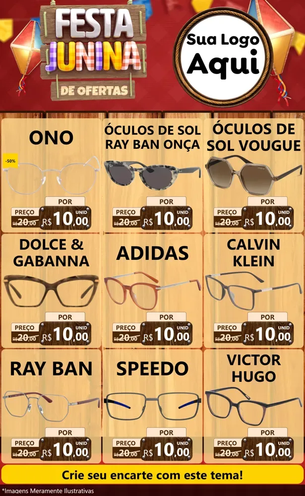 Modelo de Encarte para Encarte Grande com o tema Festa Junina de Ofertas para Óticas