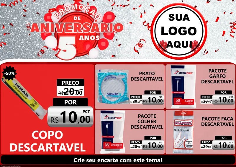 Modelo de Encarte para Encarte A4 Horizontal com o tema Promoção de Aniversário - 5 Anos para Embalagens