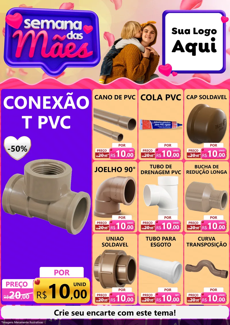 Modelo de Encarte para Encarte A4 Vertical com o tema Semana das Mães para Tubos e conexões