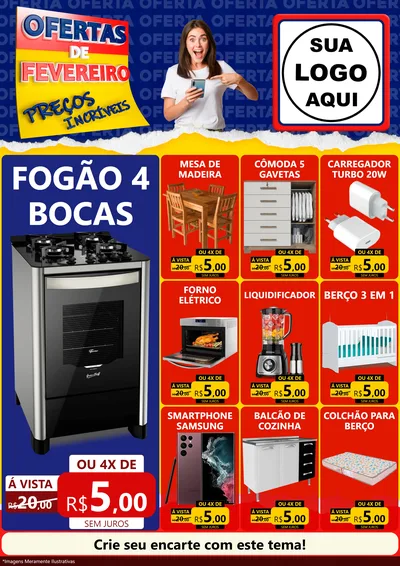 Modelo de Encarte para Encarte A4 Vertical com o tema Ofertas de Fevereiro - Preços Incríveis para Móveis e Eletro