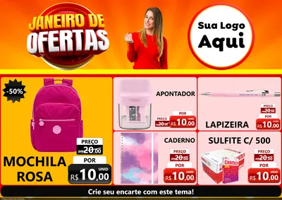 Modelo de Encarte para Encarte A4 Horizontal com o tema Janeiro de Ofertas para Papelaria
