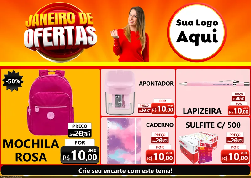Modelo de Encarte para Encarte A4 Horizontal com o tema Janeiro de Ofertas para Papelaria