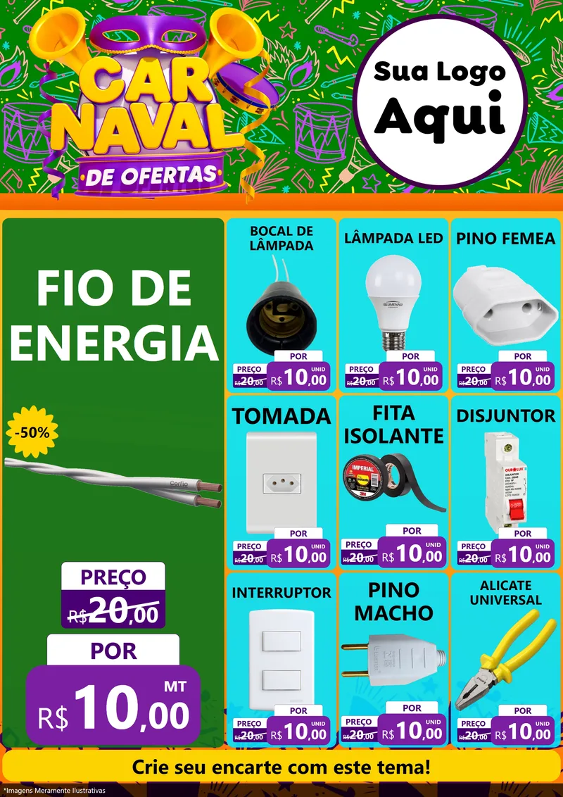 Modelo de Encarte para Encarte A4 Vertical com o tema Carnaval de Ofertas para Materiais Elétricos