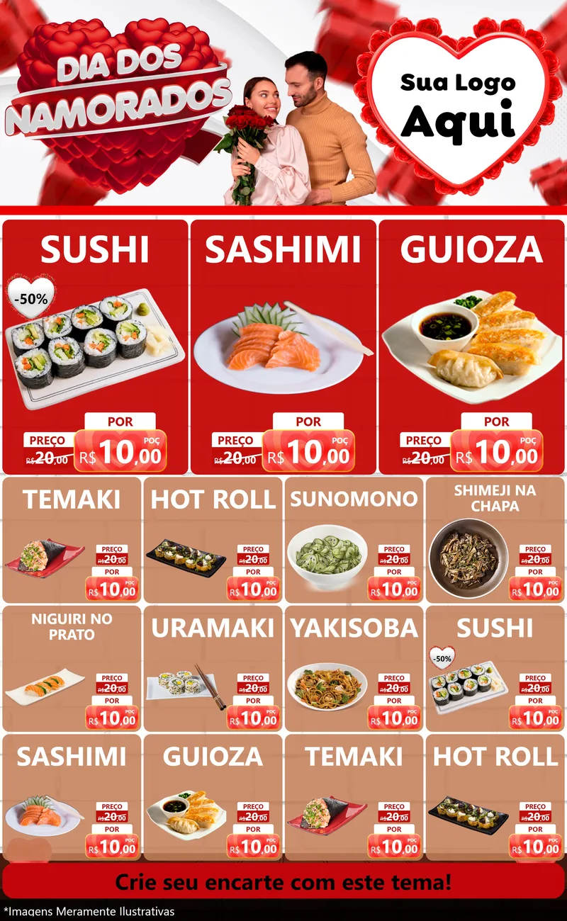 Modelo de Encarte para Encarte Grande com o tema Dia dos Namorados para Comida japonesa