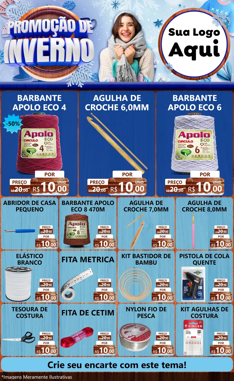 Modelo de Encarte para Encarte Grande com o tema Promoção de Inverno para Armarinho e Aviamentos