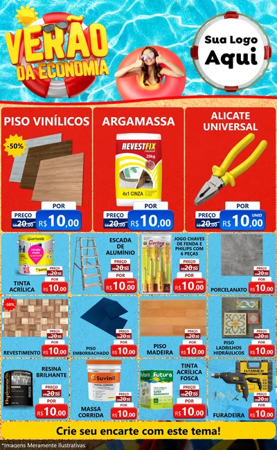 Modelo de Encarte para Encarte Grande com o tema Verão da Economia para Material para Construção