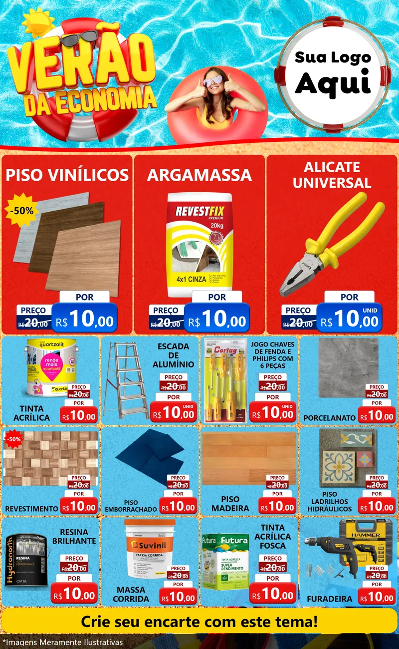 Modelo de Encarte para Encarte Grande com o tema Verão da Economia para Material para Construção