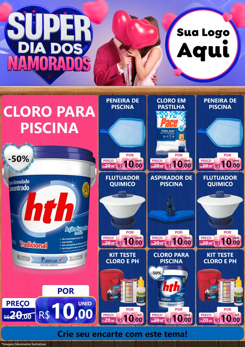Modelo de Encarte para Encarte A4 Vertical com o tema Super Dia dos Namorados para Produtos para Piscina