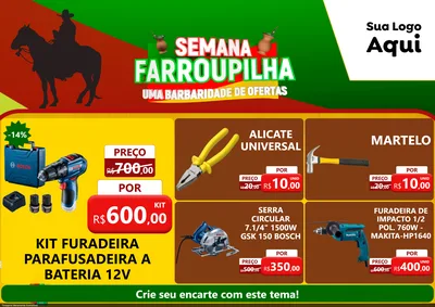 Modelo de Encarte para Encarte A4 Horizontal com o tema Semana Farroupilha - Uma Barbaridade de Ofertas para Maquinas e Ferramentas