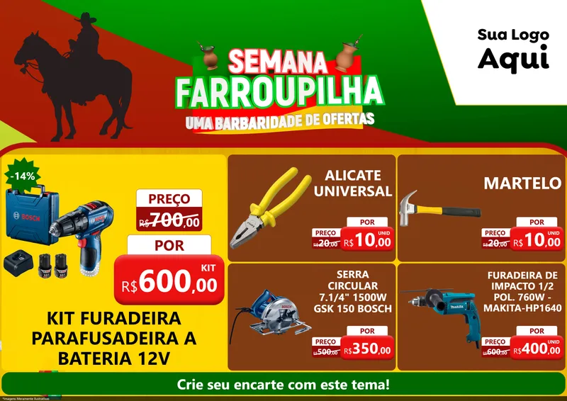 Modelo de Encarte para Encarte A4 Horizontal com o tema Semana Farroupilha - Uma Barbaridade de Ofertas para Maquinas e Ferramentas