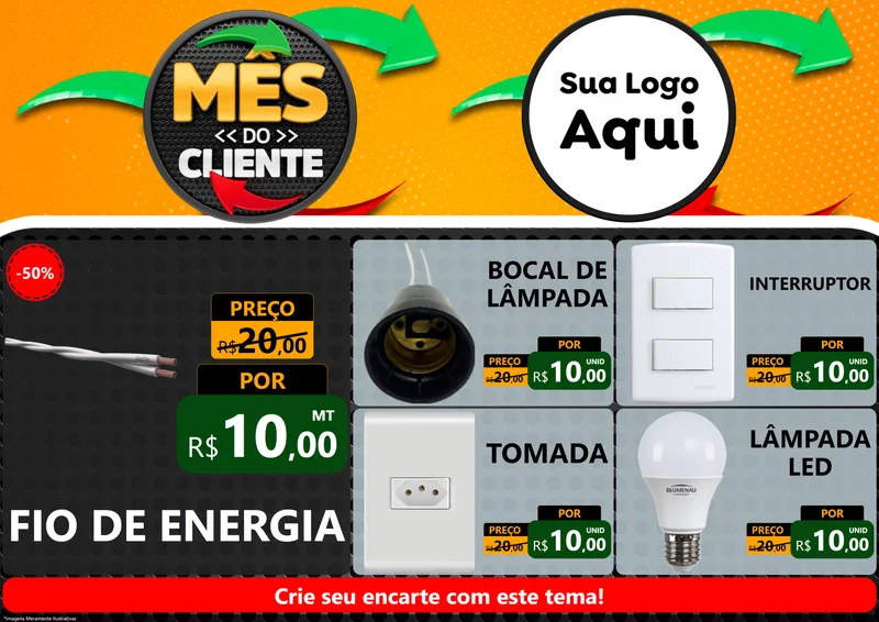 Modelo de Encarte para Encarte A4 Horizontal com o tema Mês do Cliente para Materiais Elétricos