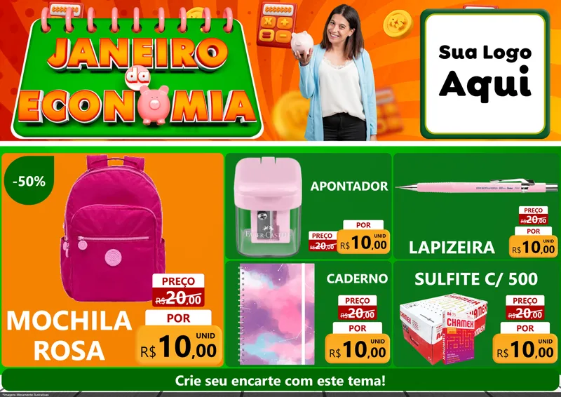 Modelo de Encarte para Encarte A4 Horizontal com o tema Janeiro da Economia para Papelaria