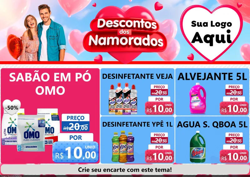 Modelo de Encarte para Encarte A4 Horizontal com o tema Descontos dos Namorados para Produtos de Limpeza