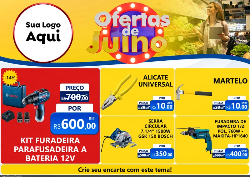 Modelo de Encarte para Encarte A4 Horizontal com o tema Ofertas de Julho para Maquinas e Ferramentas