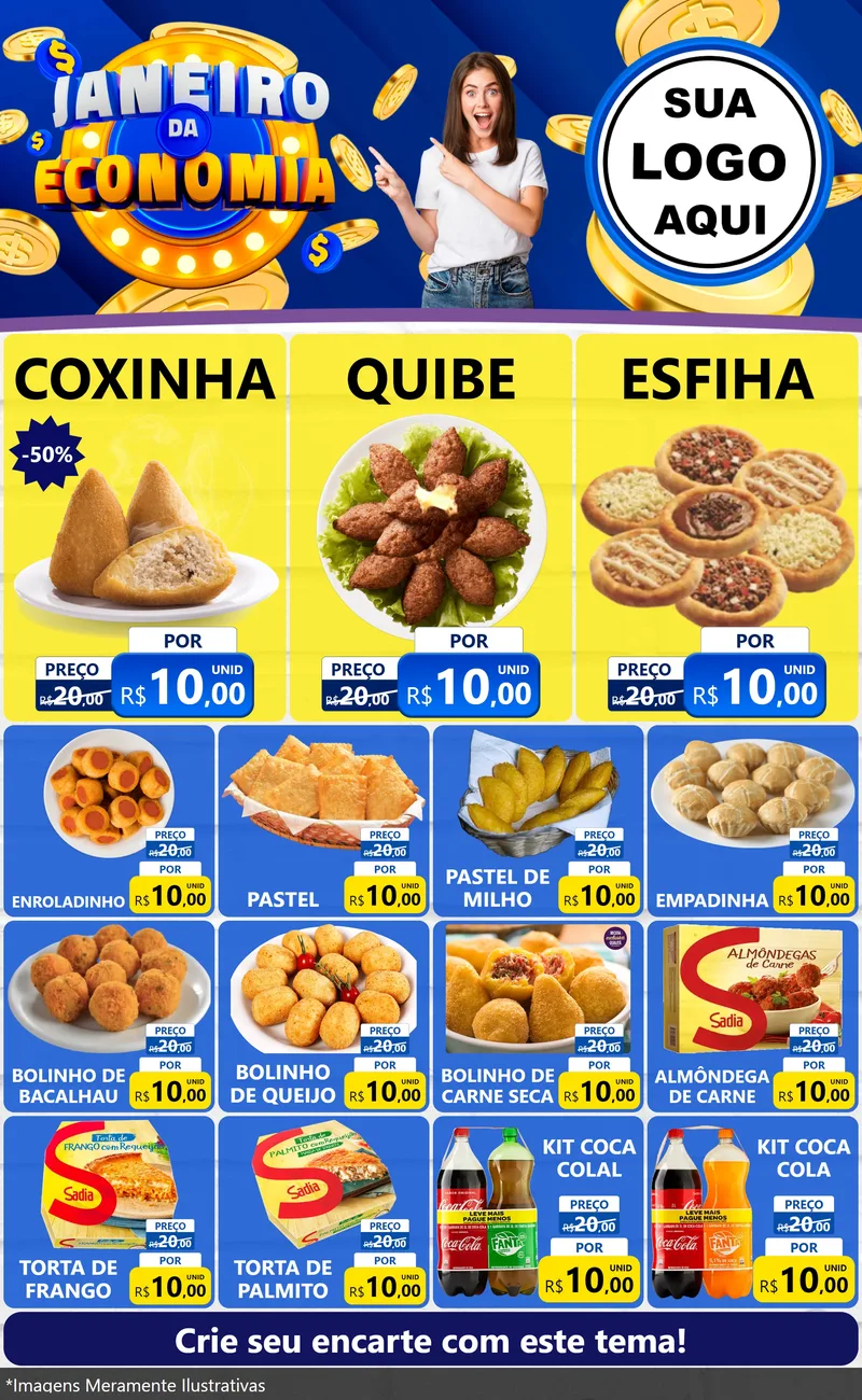 Modelo de Encarte para Encarte Grande com o tema Janeiro da Economia para Salgadaria