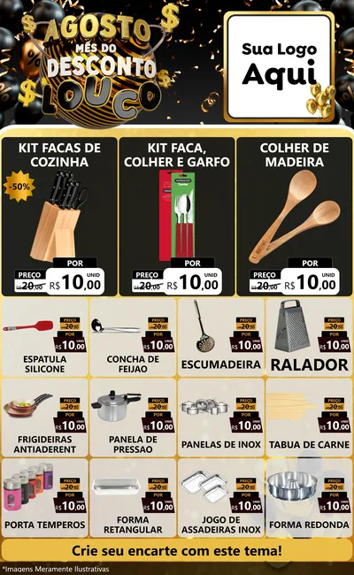 Modelo de Encarte para Encarte Grande com o tema Agosto Mês do Desconto Louco para Utilidades Domésticas