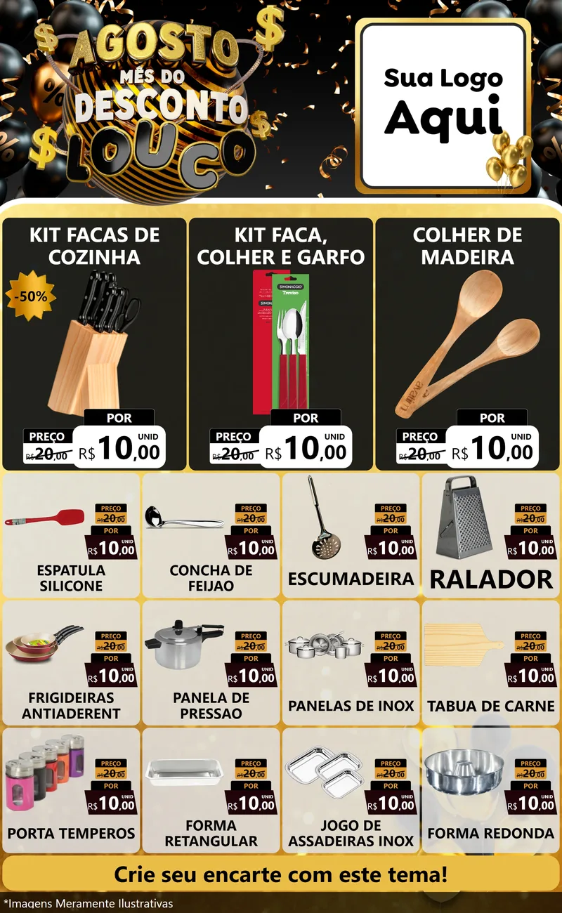 Modelo de Encarte para Encarte Grande com o tema Agosto Mês do Desconto Louco para Utilidades Domésticas