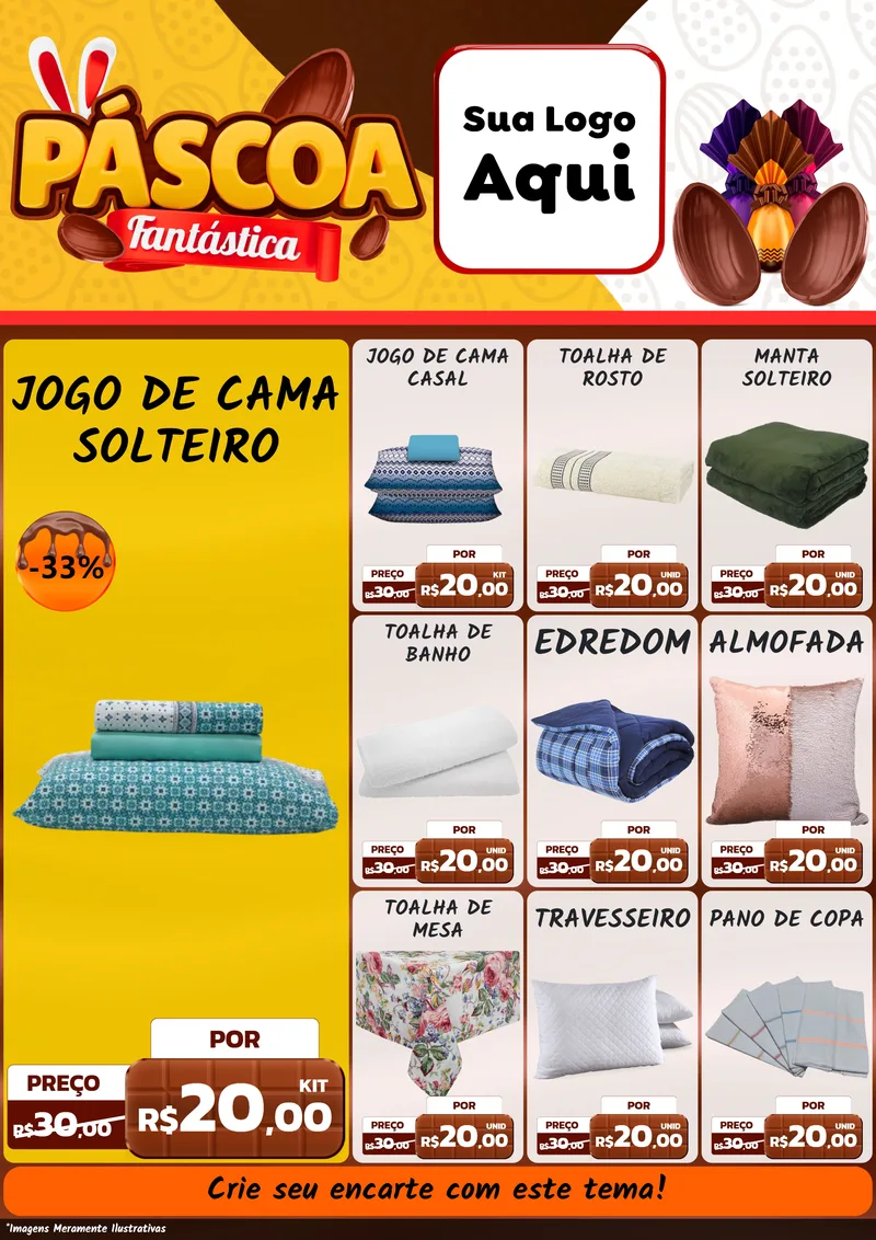 Modelo de Encarte para Encarte A4 Vertical com o tema Páscoa Fantástica para Cama, Mesa e Banho