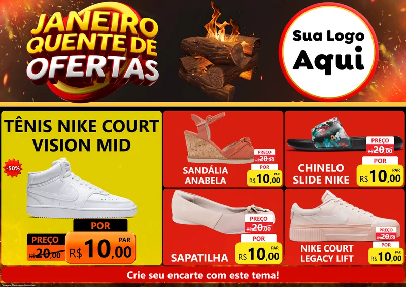 Modelo de Encarte para Encarte A4 Horizontal com o tema Janeiro Quente de Ofertas para Calçados