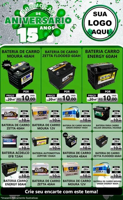 Modelo de Encarte para Encarte Grande com o tema Promoção de Aniversário - 15 Anos para Baterias Elétricas