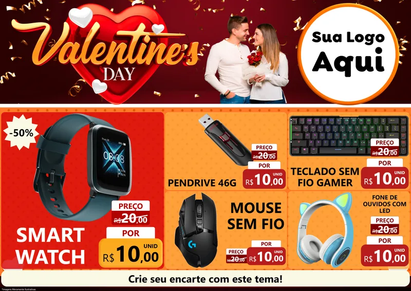 Modelo de Encarte para Encarte A4 Horizontal com o tema Valentine's Day para Informática