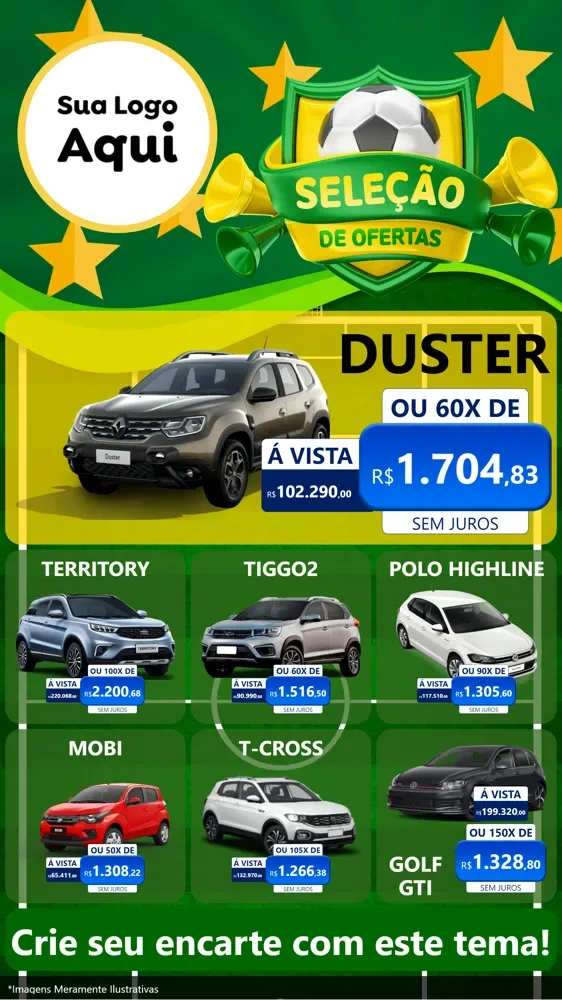Modelo de Rede Social para Stories com o tema Seleção de Ofertas - Copa para Concessionaria de Carros