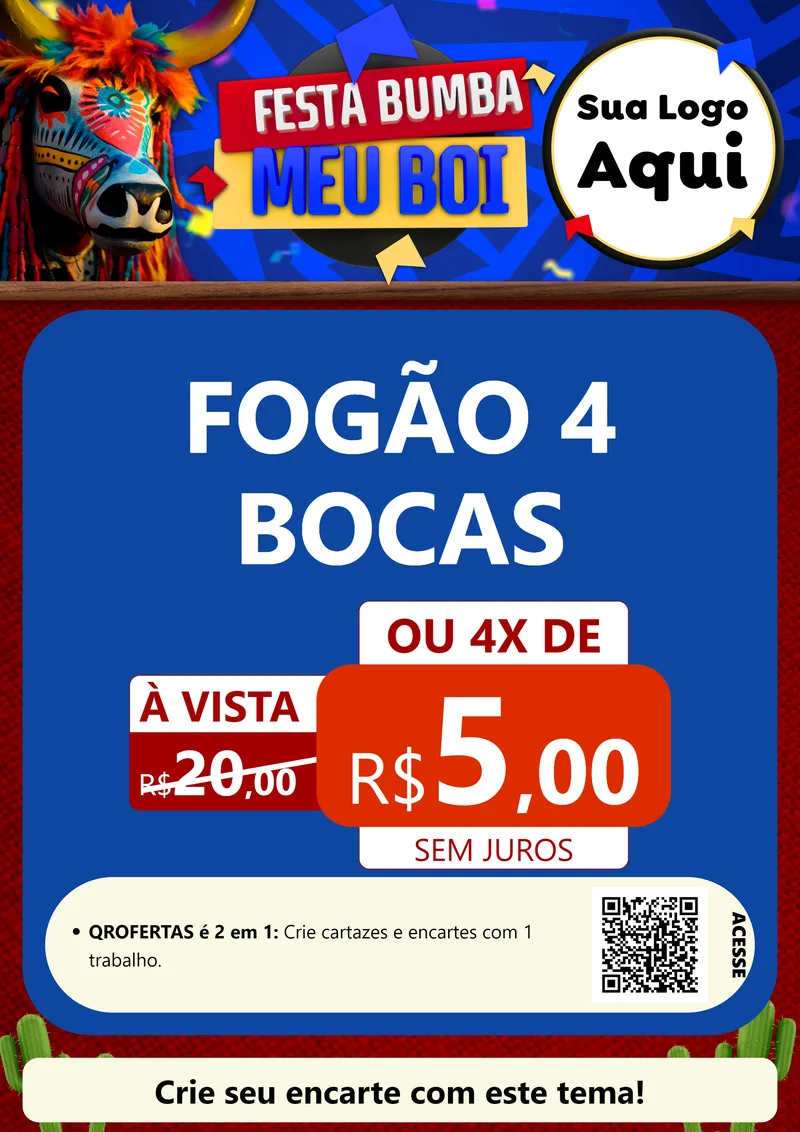 Modelo de Cartaz para Cartaz A4 Vertical com o tema Festa Bumba meu Boi para Móveis e Eletro