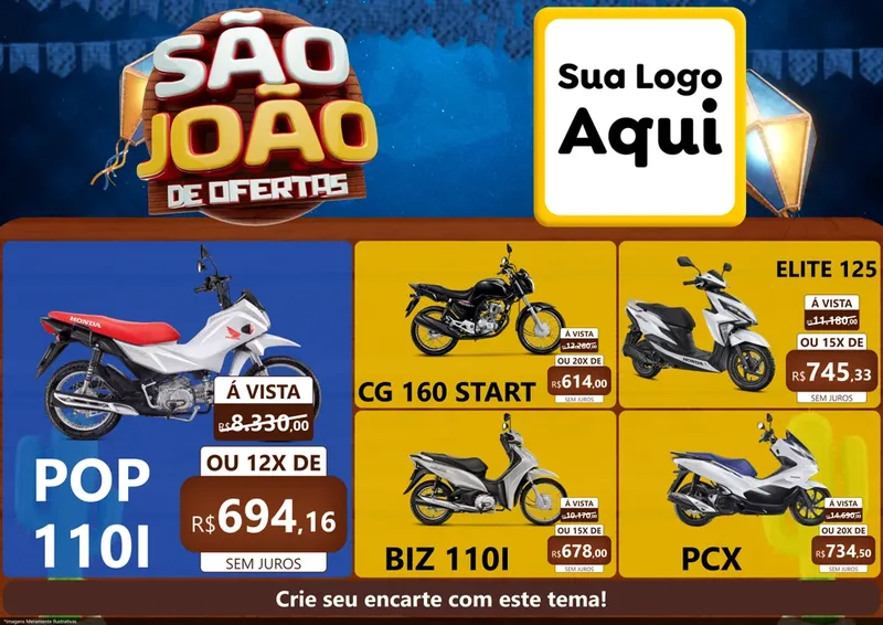 Modelo de Encarte para Encarte A4 Horizontal com o tema São João Ofertas Imbatíveis! - Junina para Concessionaria de Motos