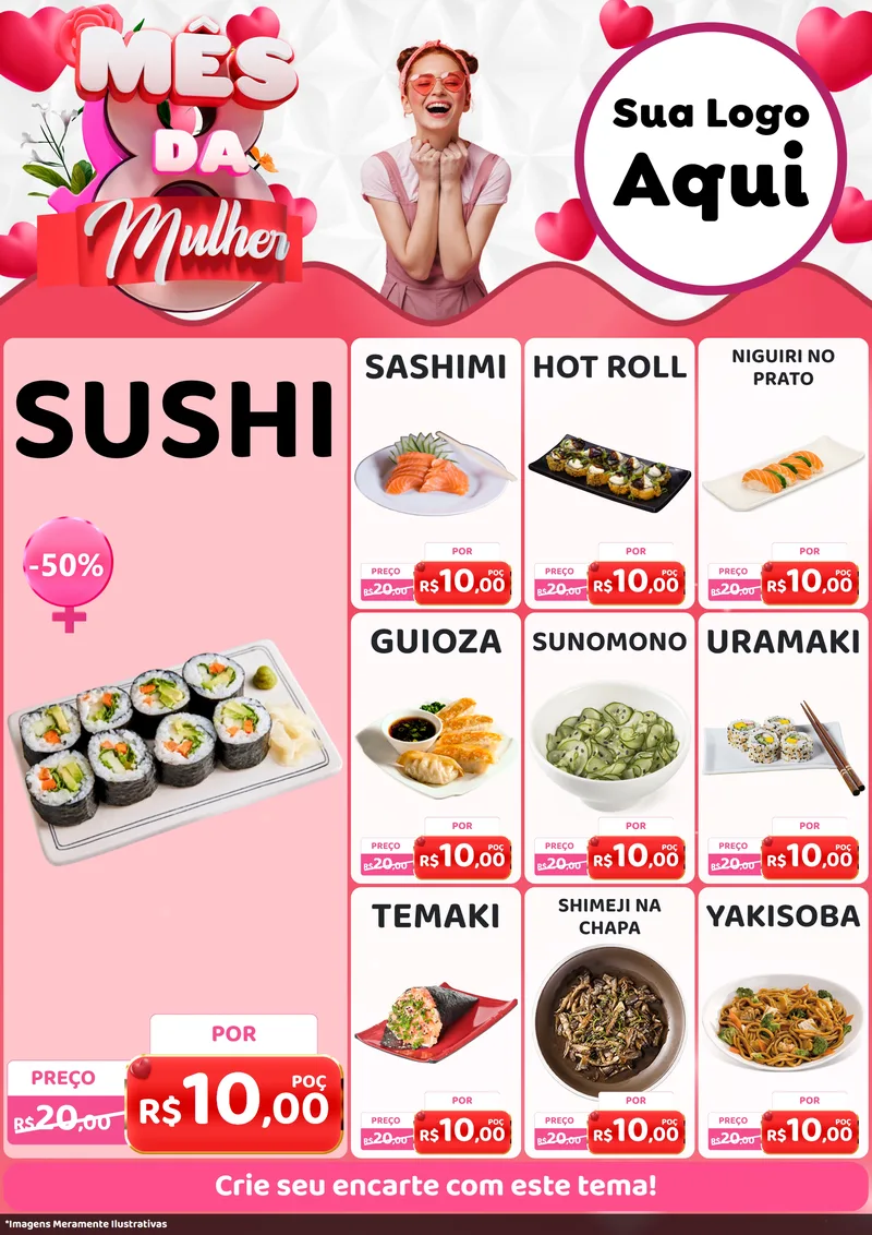 Modelo de Encarte para Encarte A4 Vertical com o tema Mês da Mulher para Comida japonesa