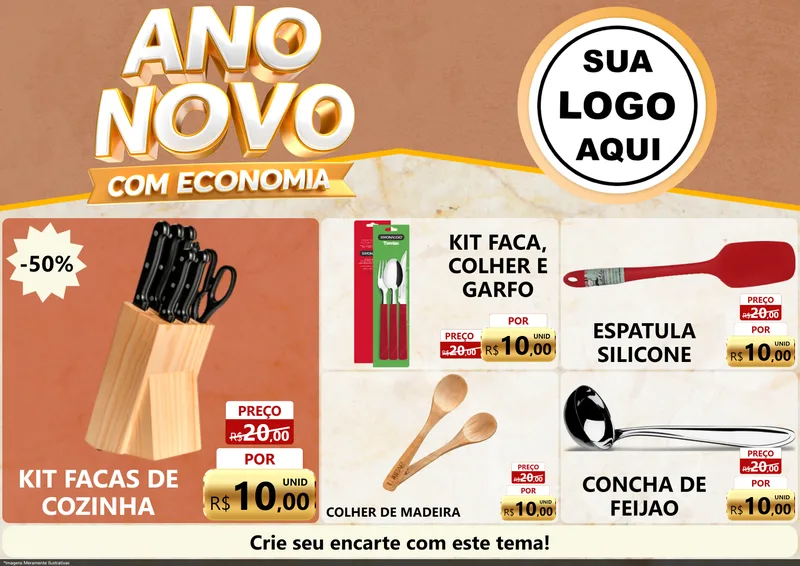 Modelo de Encarte para Encarte A4 Horizontal com o tema Ano Novo Com Economia para Utilidades Domésticas