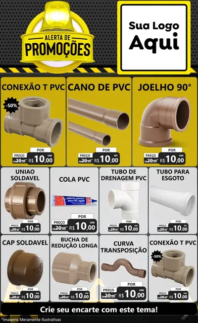 Modelo de Encarte para Encarte Grande com o tema Alerta de Promoções para Tubos e conexões