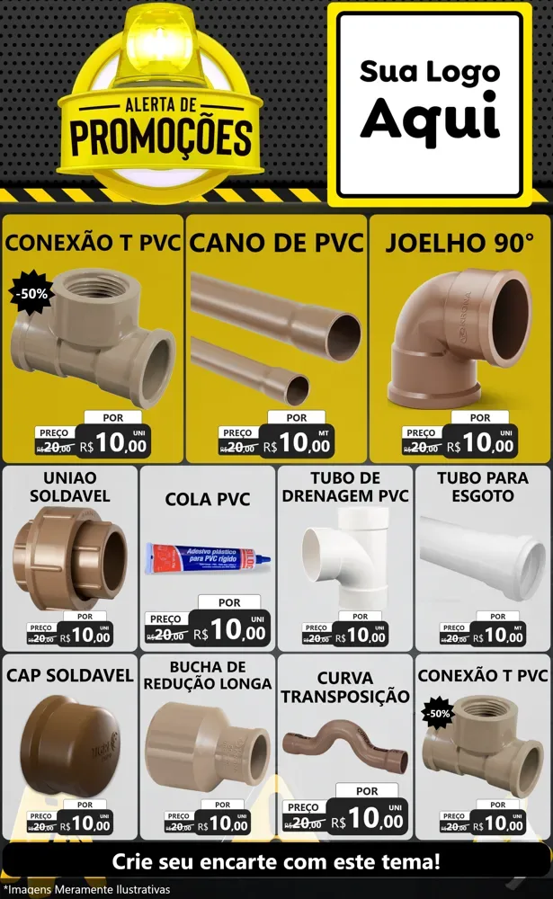 Modelo de Encarte para Encarte Grande com o tema Alerta de Promoções para Tubos e conexões