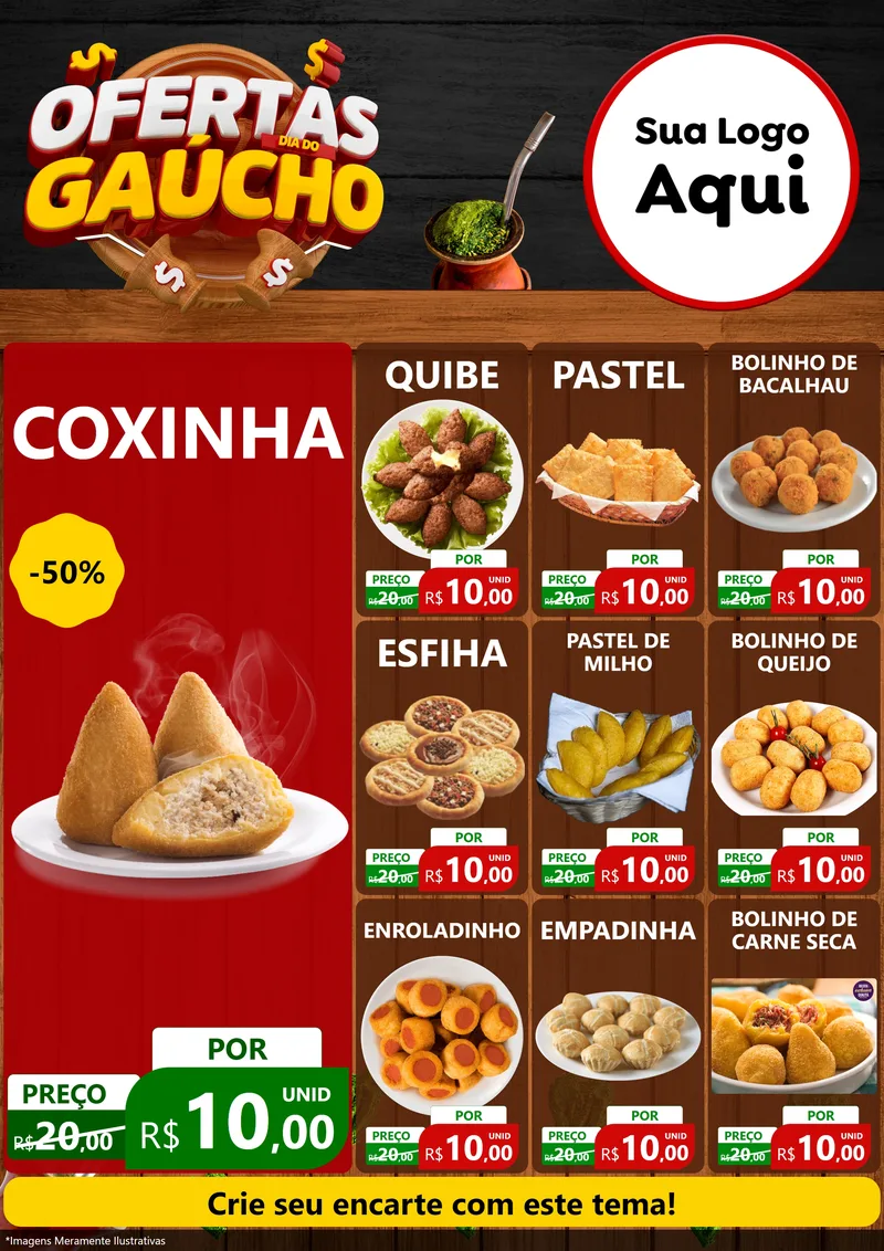 Modelo de Encarte para Encarte A4 Vertical com o tema Ofertas Dia do Gaúcho para Salgadaria