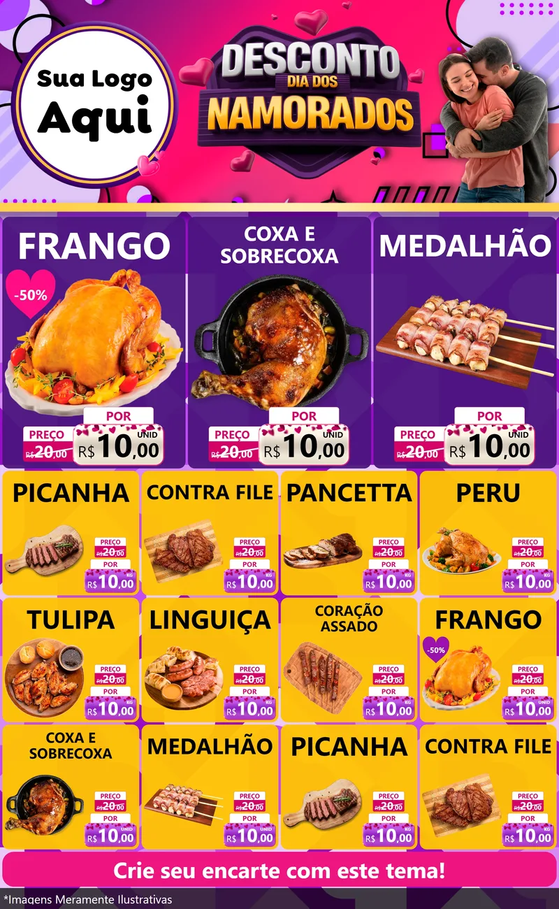 Modelo de Encarte para Encarte Grande com o tema Desconto Dia dos Namorados para Assados