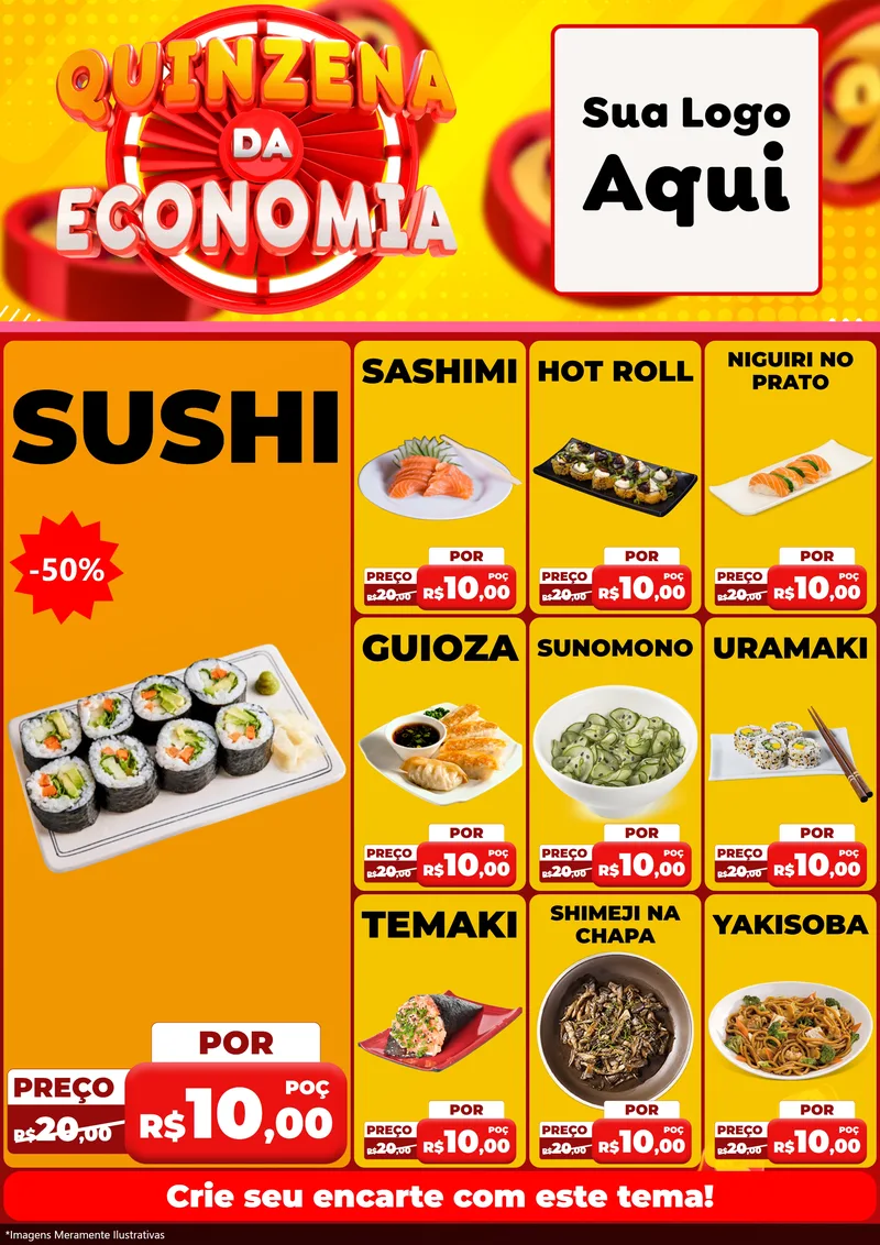 Modelo de Encarte para Encarte A4 Vertical com o tema Quinzena Da Economia para Comida japonesa