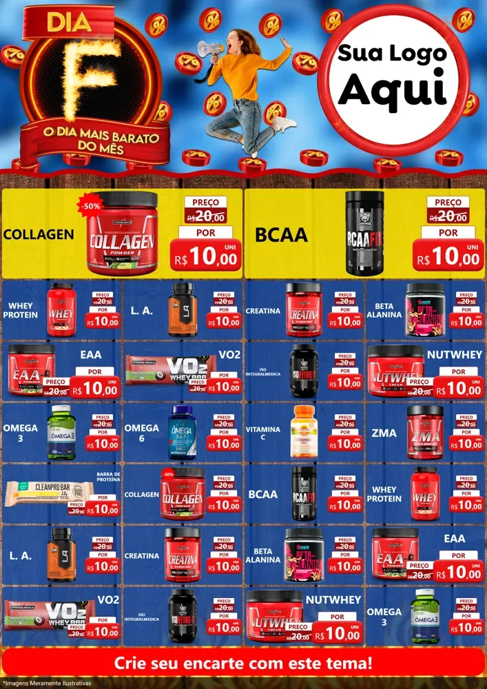 Modelo de Encarte para Encarte A4 Vertical com o tema Dia F - O Dia Mais Barato Do Mês para Suplementos alimentares