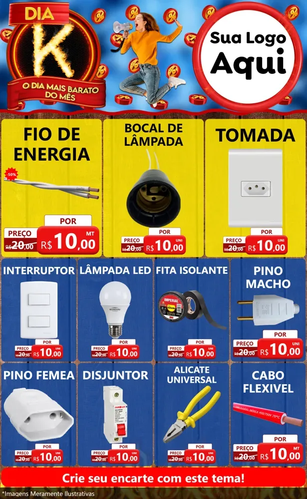 Modelo de Encarte para Encarte Grande com o tema Dia K - O Dia Mais Barato Do Mês para Materiais Elétricos