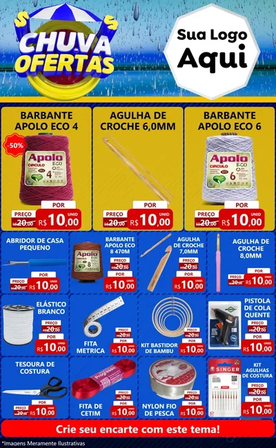 Modelo de Encarte para Encarte Grande com o tema Chuva de Ofertas para Armarinho e Aviamentos