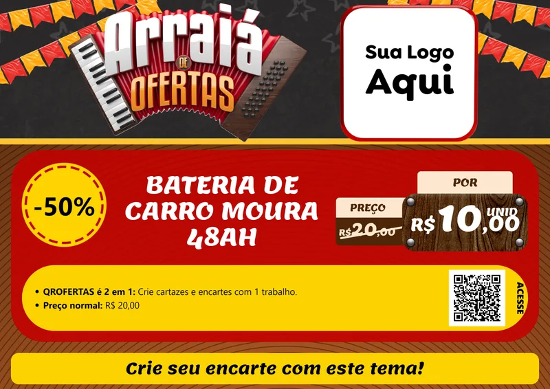 Modelo de Cartaz para Cartaz A4 Horizontal com o tema Arraiá de Ofertas - Junina para Baterias Elétricas