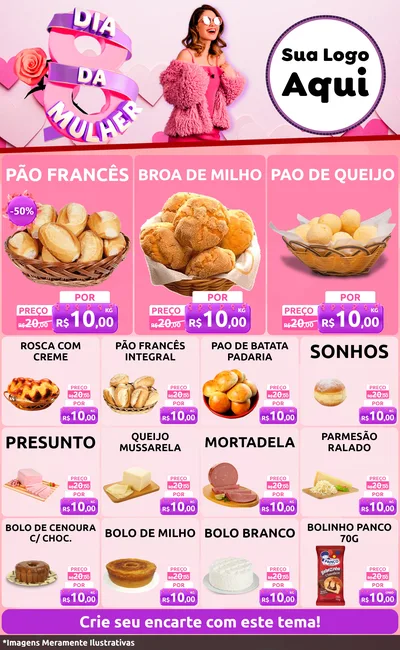 Modelo de Encarte para Encarte Grande com o tema Dia da Mulher para Padaria