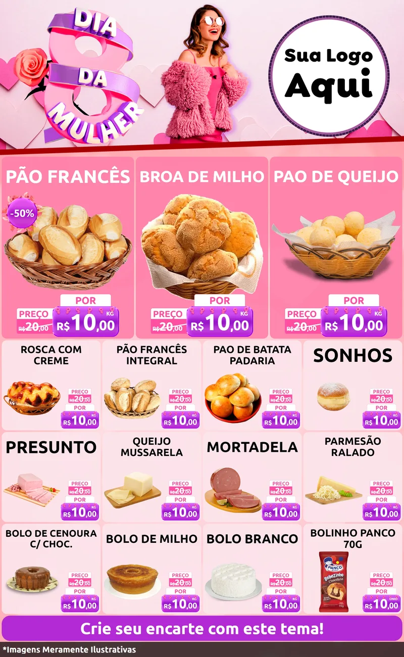 Modelo de Encarte para Encarte Grande com o tema Dia da Mulher para Padaria