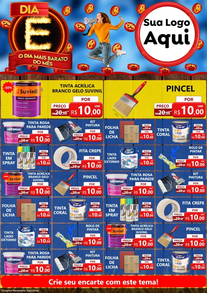 Modelo de Encarte para Encarte A4 Vertical com o tema Dia E - O Dia Mais Barato Do Mês para Tintas e Ferramentas