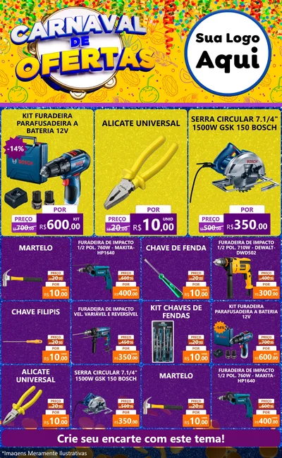Modelo de Encarte para Encarte Grande com o tema Carnaval de Ofertas para Maquinas e Ferramentas