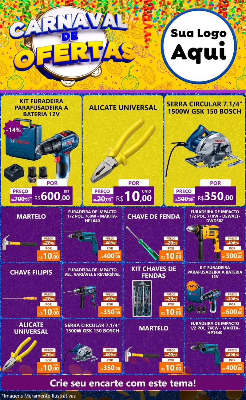 Modelo de Encarte para Encarte Grande com o tema Carnaval de Ofertas para Maquinas e Ferramentas