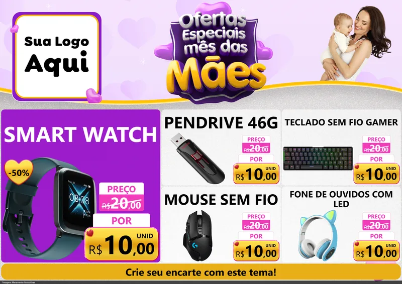 Modelo de Encarte para Encarte A4 Horizontal com o tema Ofertas Especiais - Mês das Mães para Informática